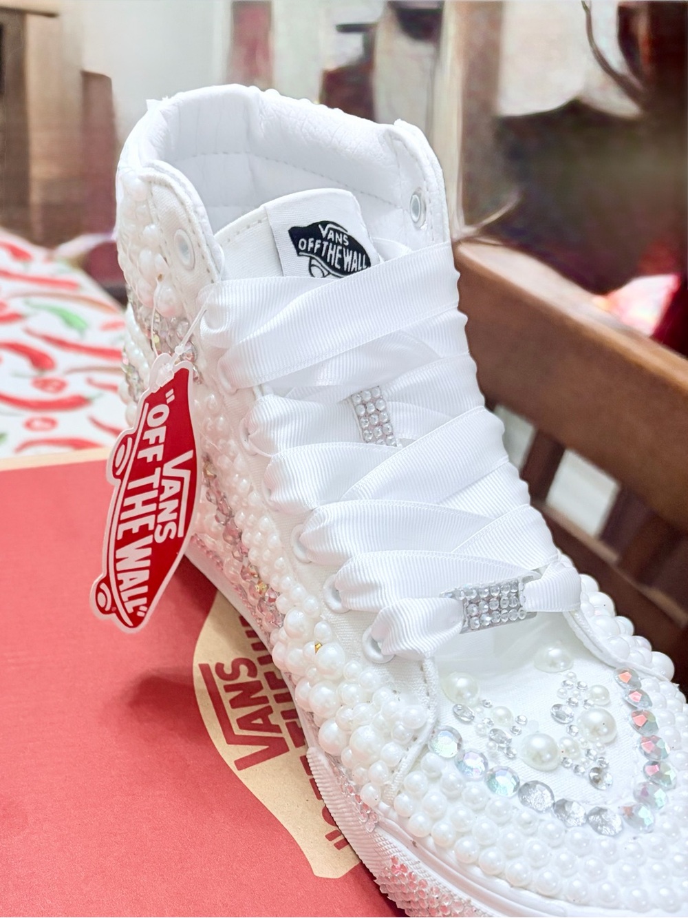 Vans White Pearl & Crystal Embellished High Top Sneaker